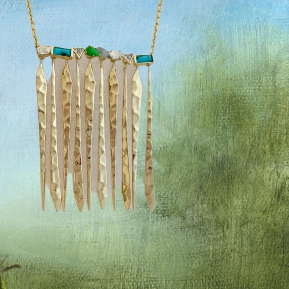 Alexis Bittar Gold Hammer Metal Fringe Gemstone Bar Turquoise Green Necklace - Picture 12 of 12
